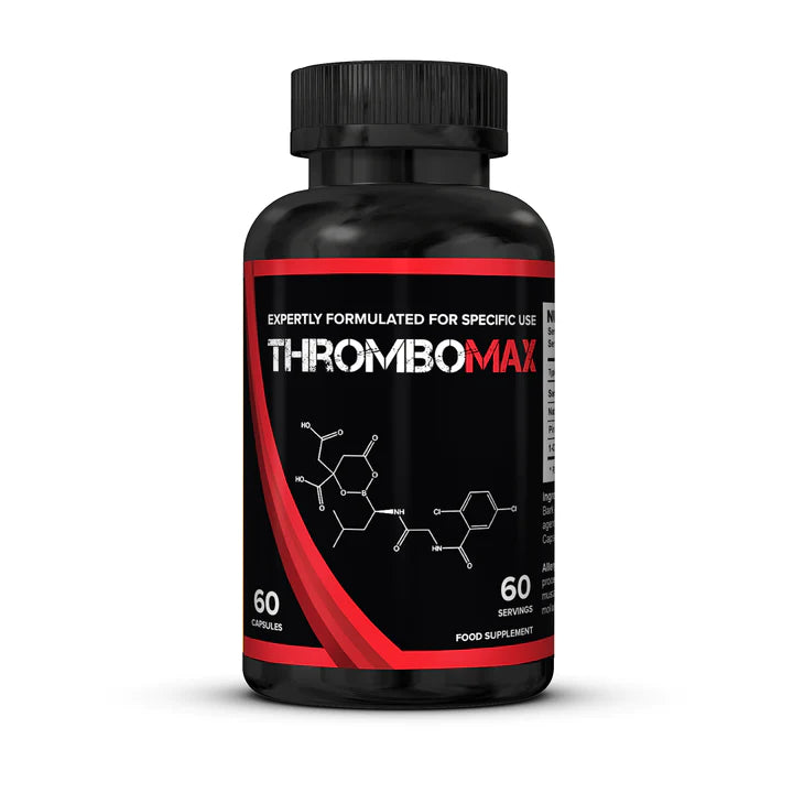 A black bottle of Strom Thrombomax dietary supplement capsules with a black and red label, shown on a white background with a soft shadow.
