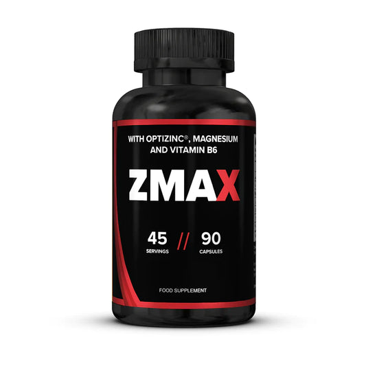 A black bottle of ZMAX supplement ny Strom with red and white labelling, indicating 45 servings and optizinc, magnesium, vitamin B6 as an ingredient.
