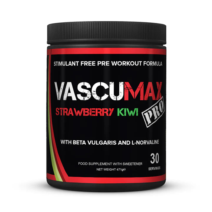 A black supplement container of VascuMAX Pro stimulant free pre workout formula by Strom in strawberry kiwi flavour