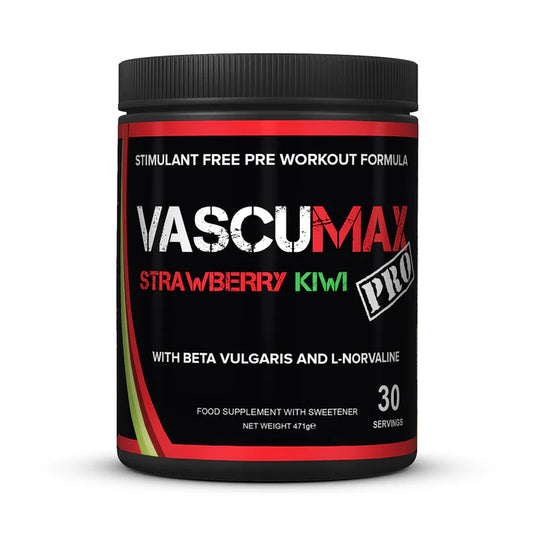 A black supplement container of VascuMAX Pro stimulant free pre workout formula by Strom in strawberry kiwi flavour