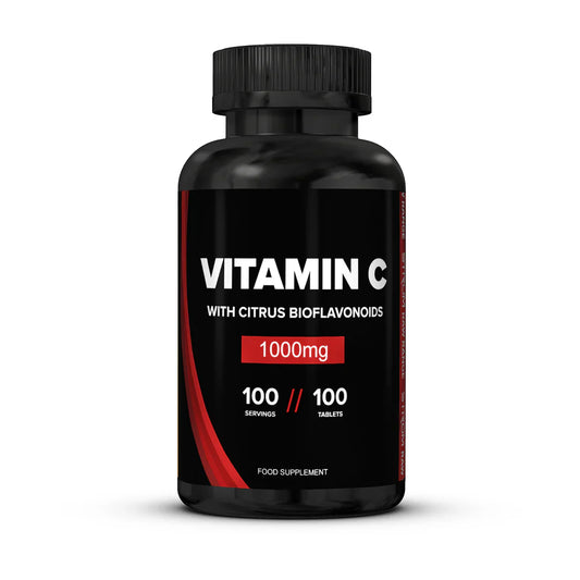 Black supplement bottle by Strom sports nutrition labeled Vitamin C with Citrus Bioflavonoids on a white background