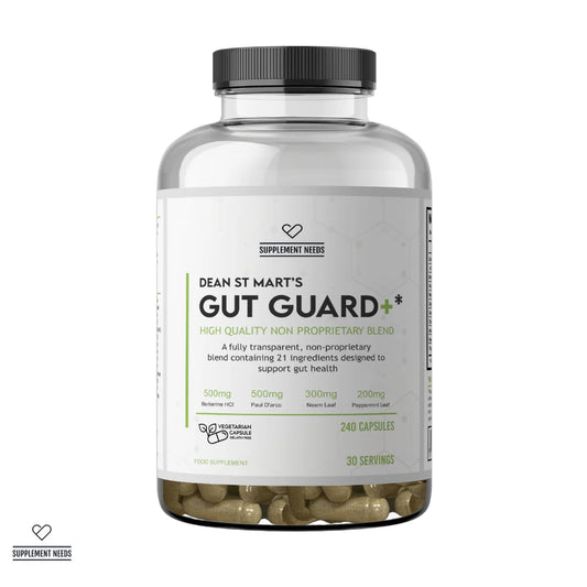 A clear plastic bottle of Dean St. Mart's Gut Guard dietary supplement with a black cap and white label, containing 240 capsules visible at the bottom, on a white background.
