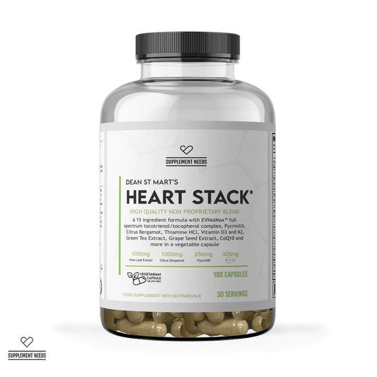 A clear supplement bottle with a black cap and a white label reading 'DEAN ST MART'S HEART STACK' on a light gray background. The bottle contains green capsules, and a small Supplement Needs logo appears in the lower left corner.