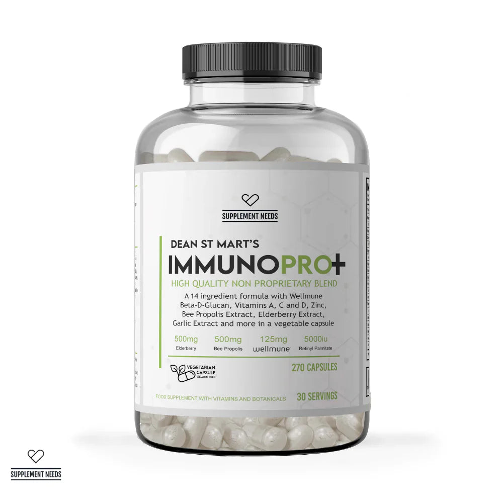 A clear supplement bottle with a black cap and a white label reading 'DEAN ST MART'S SUPPLEMENT NEEDS IMMUNOPRO+' on a clean white background. The bottle contains white capsules and has a small Supplement Needs logo at the bottom of the label.