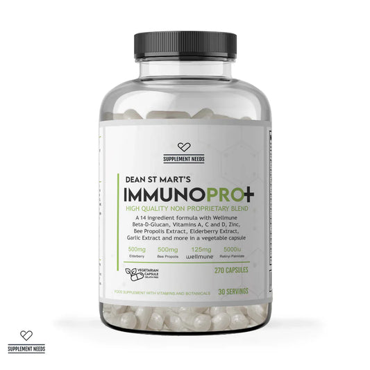 A clear supplement bottle with a black cap and a white label reading 'DEAN ST MART'S SUPPLEMENT NEEDS IMMUNOPRO+' on a clean white background. The bottle contains white capsules and has a small Supplement Needs logo at the bottom of the label.