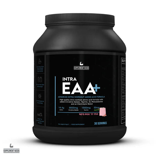 A large black tub of Supplement Needs Intra EAA+ amino acid formula powder, shown on a clean white background with a soft shadow.