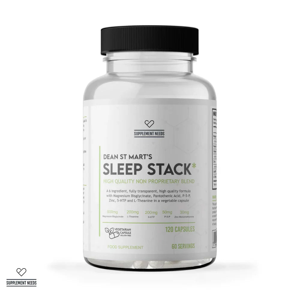 A clear supplement bottle with a black cap and a white label reading 'DEAN ST MART'S SLEEP STACK' on a clean white background.