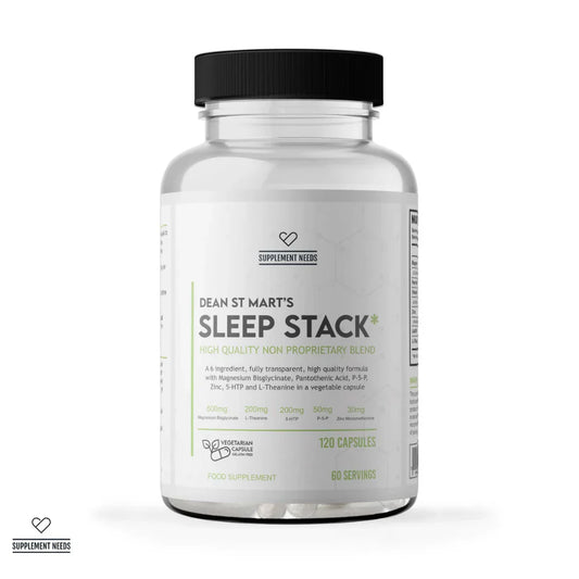A clear supplement bottle with a black cap and a white label reading 'DEAN ST MART'S SLEEP STACK' on a clean white background.