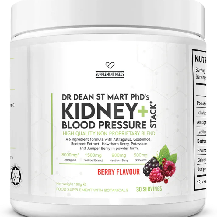 Supplement container labeled 'Dr. Dean St. Mart PhD's Kidney + Blood Pressure Stack' with berry flavor on a white background.