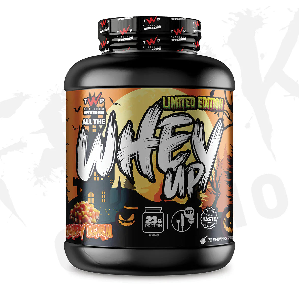 TWP 'All The Whey Up' whey protein supplement container with Halloween-themed design in kandy korn flavour on a white background