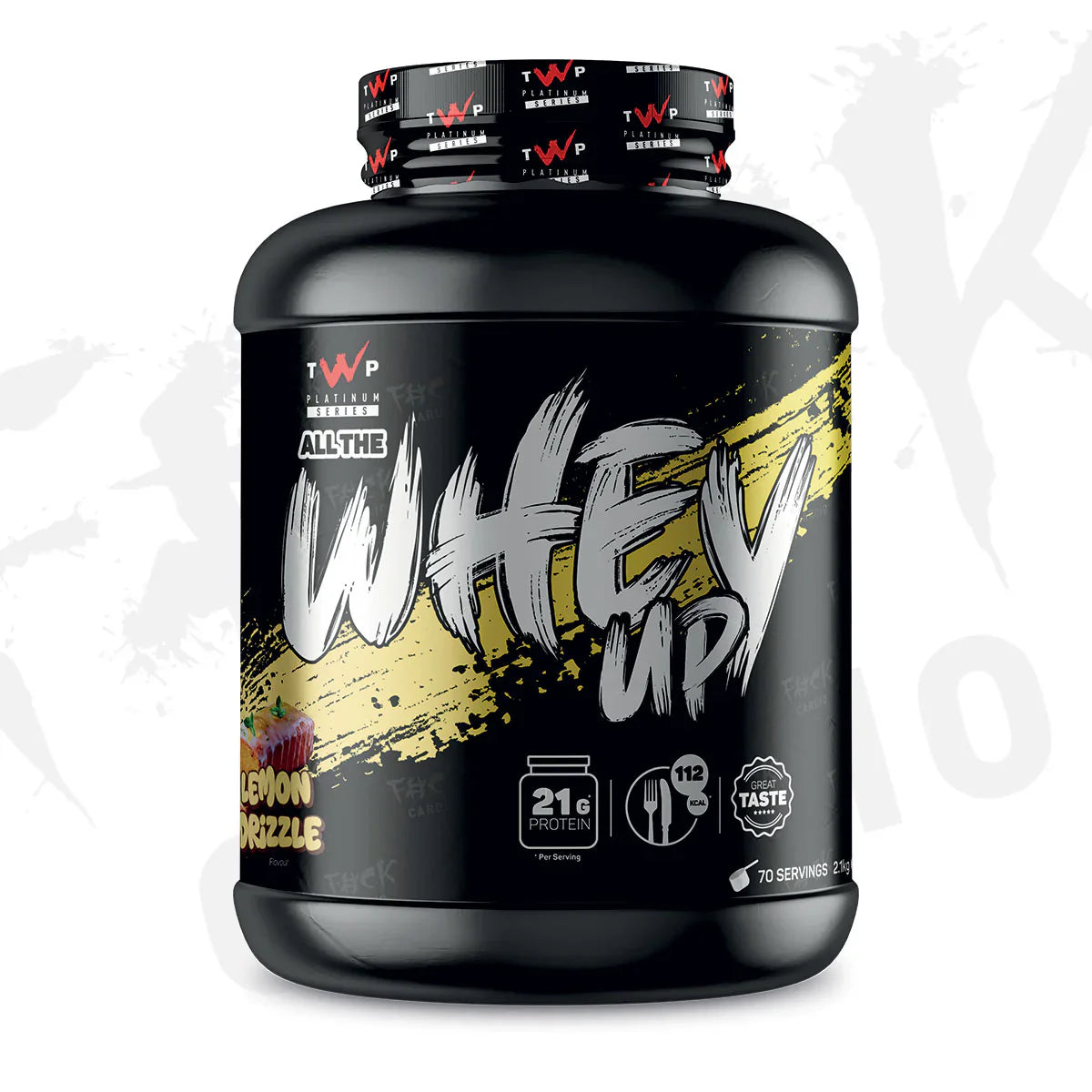 Black TWP 'All The Whey Up' whey protein supplement container in lemon drizzle flavour with clear branding on a white background