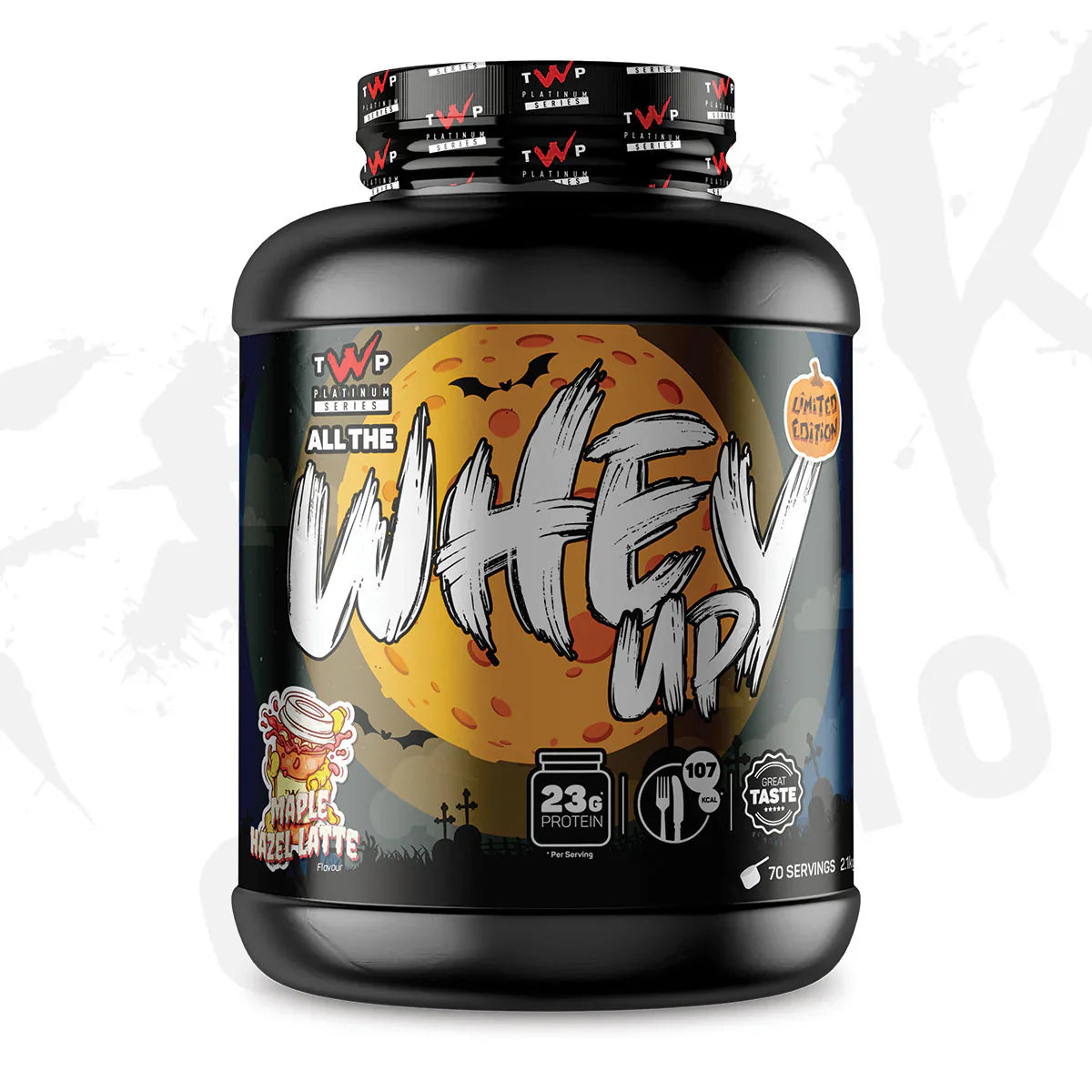 TWP 'All The Whey Up' protein supplement container with Halloween-themed design in maple hazel latte flavour on a white background