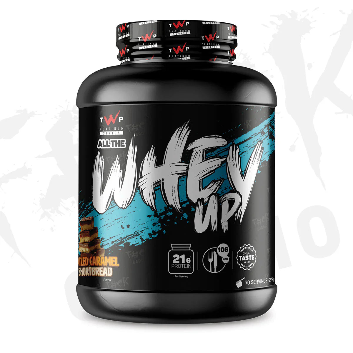 A large black tub of TWP All The Whey Up salted caramel shortbread flavour powder, featuring a black label with white and blue brushstroke graphics, on a white background with a faint grey logo watermark.