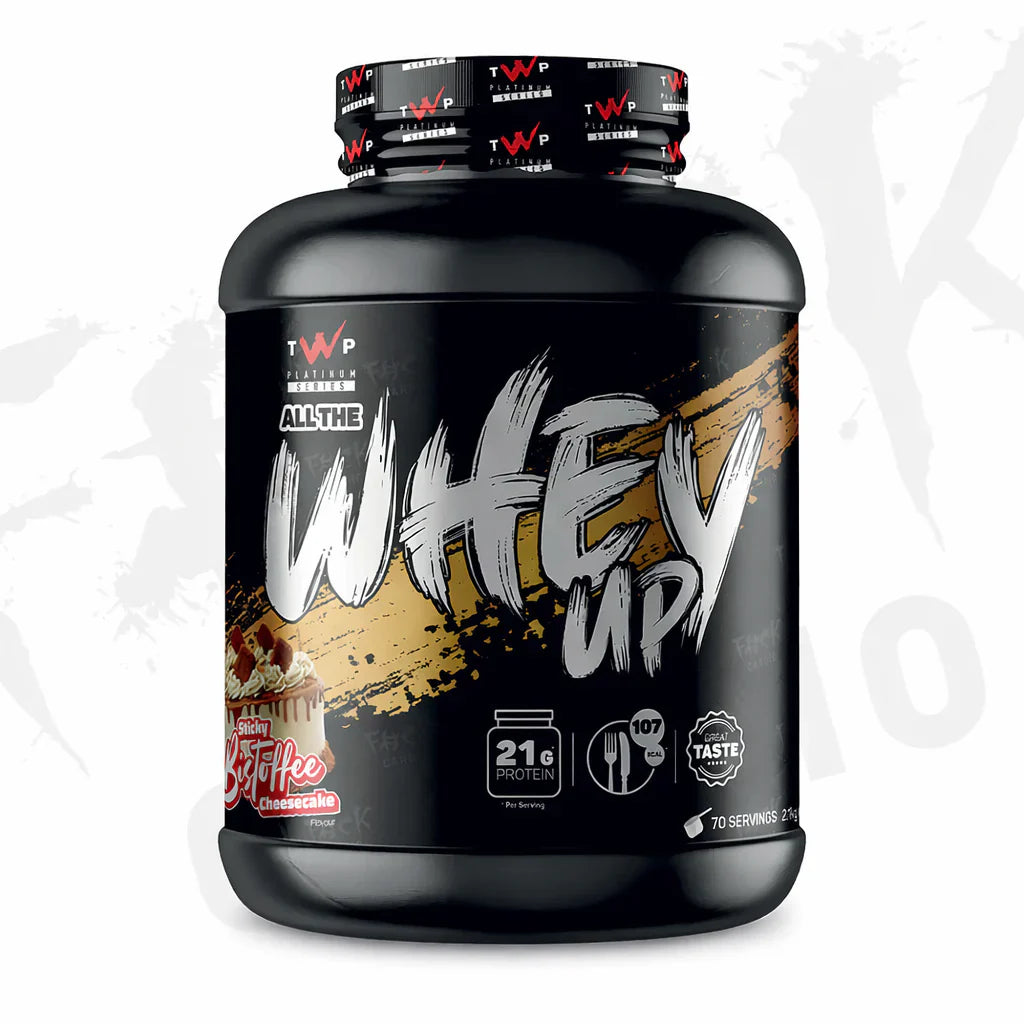 TWP Nutrition 'All The Whey Up' protein supplement container in sticky bistoffee cheesecake flavour with visible branding on a white background