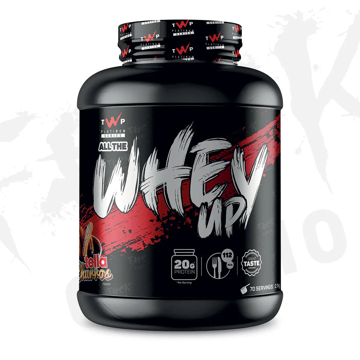 Black and red container of TWP 'All The Whey Up' whey protein powder in tella churros flavour with visible branding on a white background