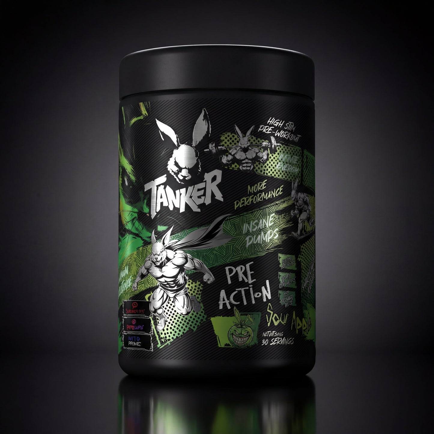 Black supplement container with 'Tanker' branding on a dark background