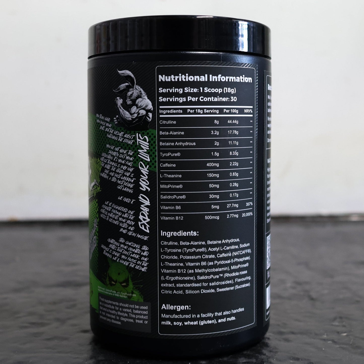 Tanker Pre-Action pre workout supplement ingredients panel.