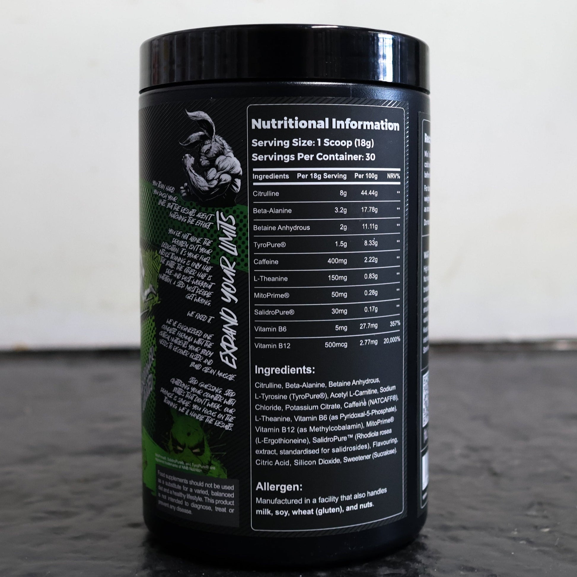 Tanker Pre-Action pre workout supplement ingredients panel.