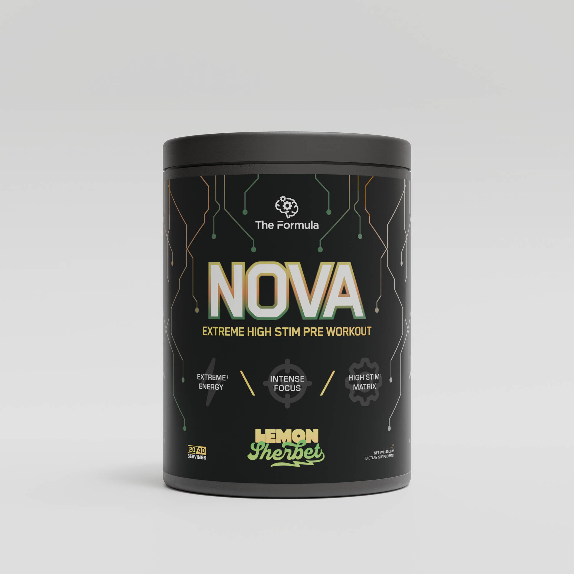 Black pre-workout supplement container from The Formula labeled 'NOVA' on a light gray background