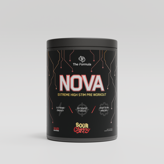 Black pre-workout supplement container from The Formula labeled 'NOVA' on a light gray background