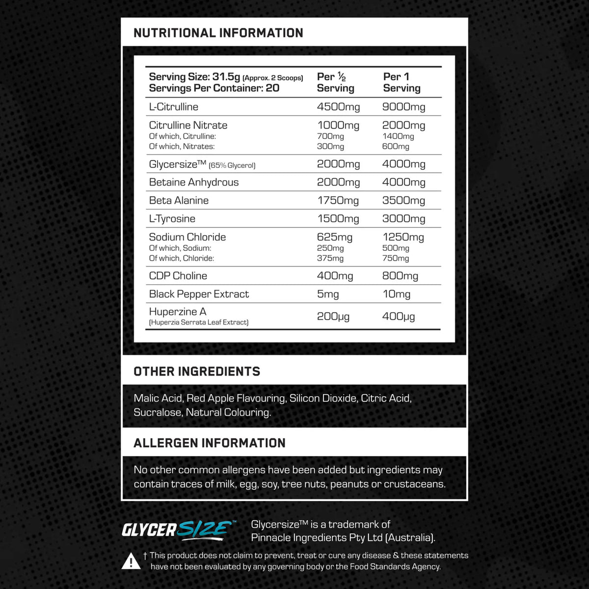 Nutritional information ingredients panel or Vaso Dial non stimulant pre workout supplement by The Formula 