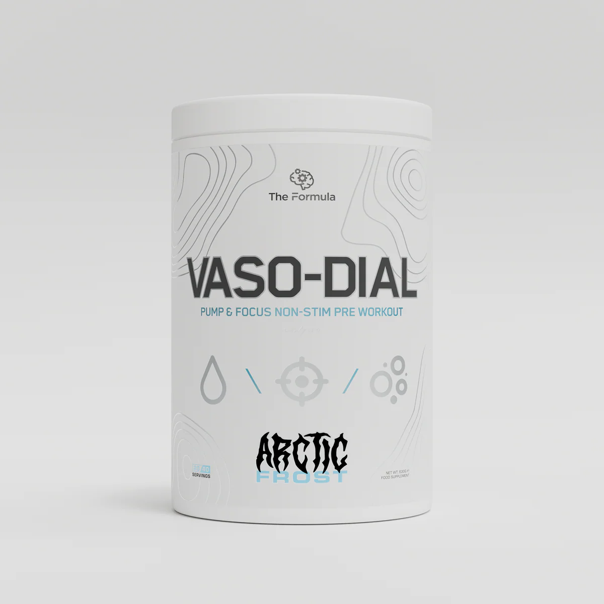 Pre-workout supplement container labeled 'VASO-DIAL' in arctic frost flavour on a white background