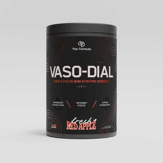 A container of VASO-DIAL supplement powder with a label featuring a red apple and the text 'The Formula VASO-DIAL Non-Stim Pre-Workout.'.