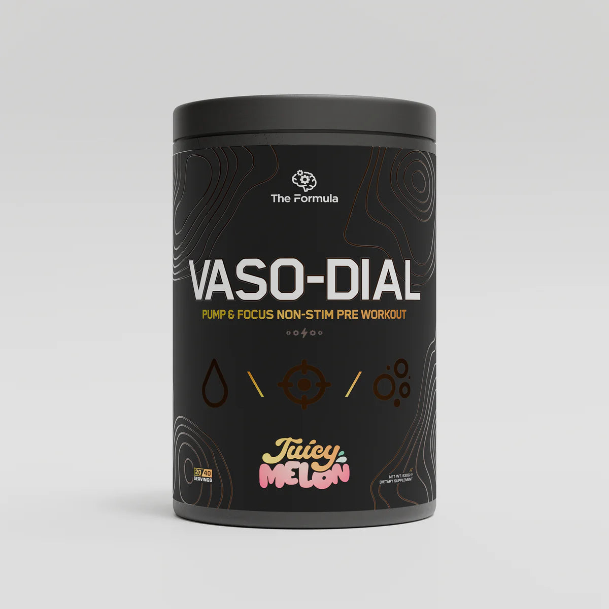 Black container of Vaso-Dial pre-workout supplement with 'Juicy Melon' flavour on a blank background