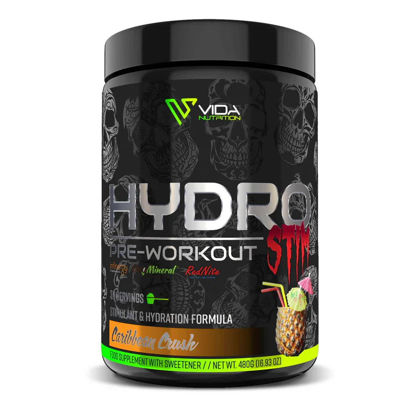 Vida Nutrition Hydro Stim pre-workout supplement container on a white background