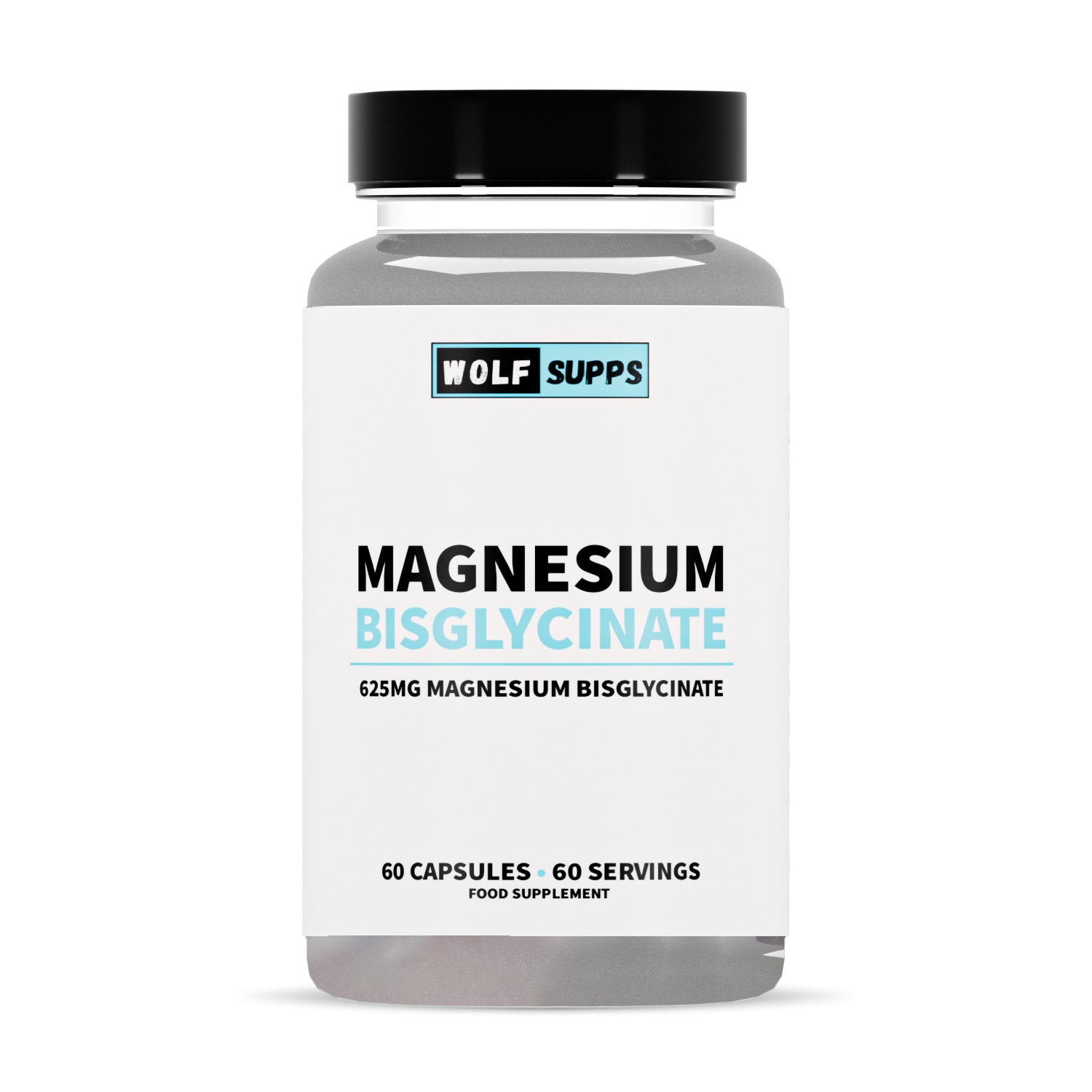 Supplement bottle labeled 'Magnesium Bisglycinate' by Wolf Supps on a white background