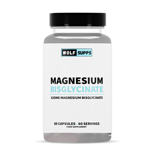 Supplement bottle labeled 'Magnesium Bisglycinate' by Wolf Supps on a white background