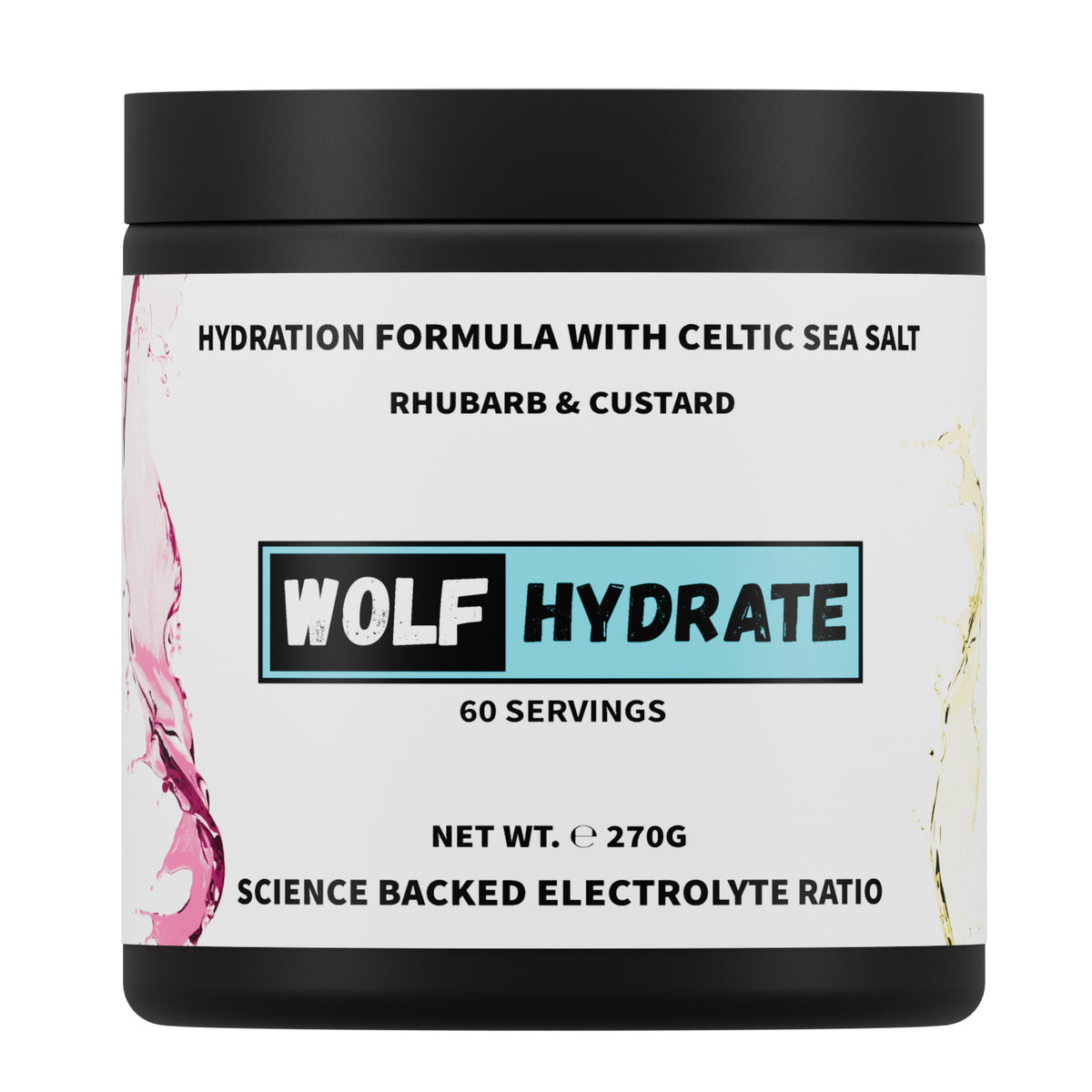 Wolf Hydrate electrolyte supplement container in rhubarb and custard flavour with black lid and white label.