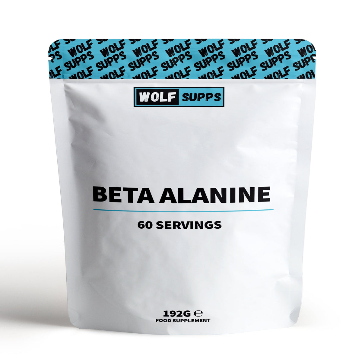 A white stand-up pouch of Wolf Supps Beta Alanine food supplement, 192g, on a clean white background.