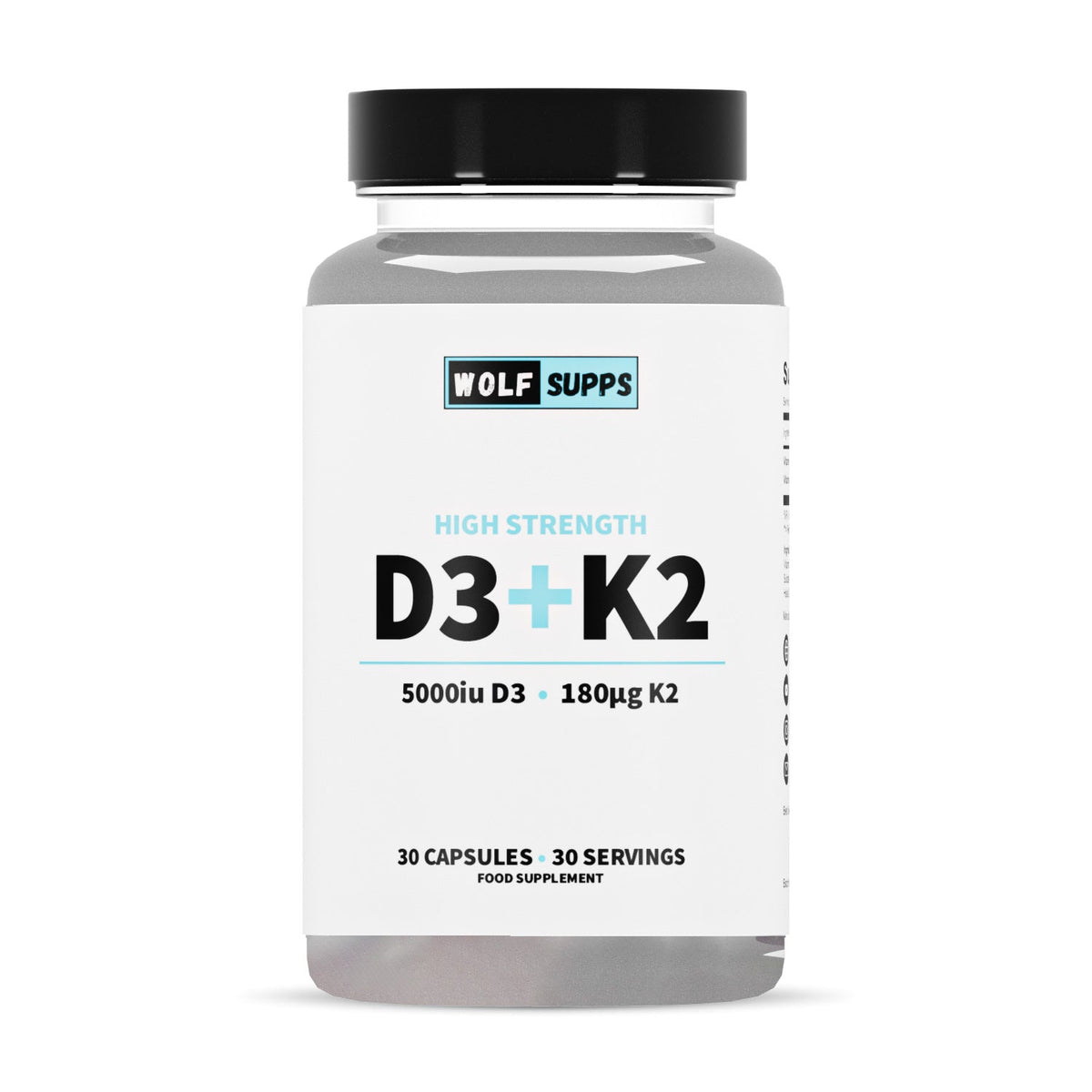 Supplement bottle labeled 'Wolf Supps' with D3 and K2 on a white background