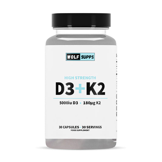Supplement bottle labeled 'Wolf Supps' with D3 and K2 on a white background