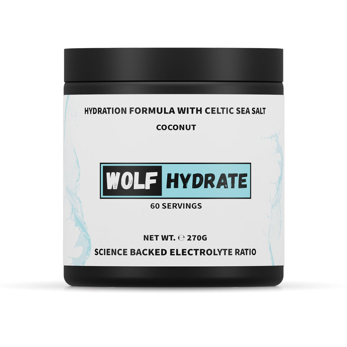 A black plastic tub of Wolf Hydrate electrolyte powder in Coconut flavour with a white label, shown on a clean white background.
