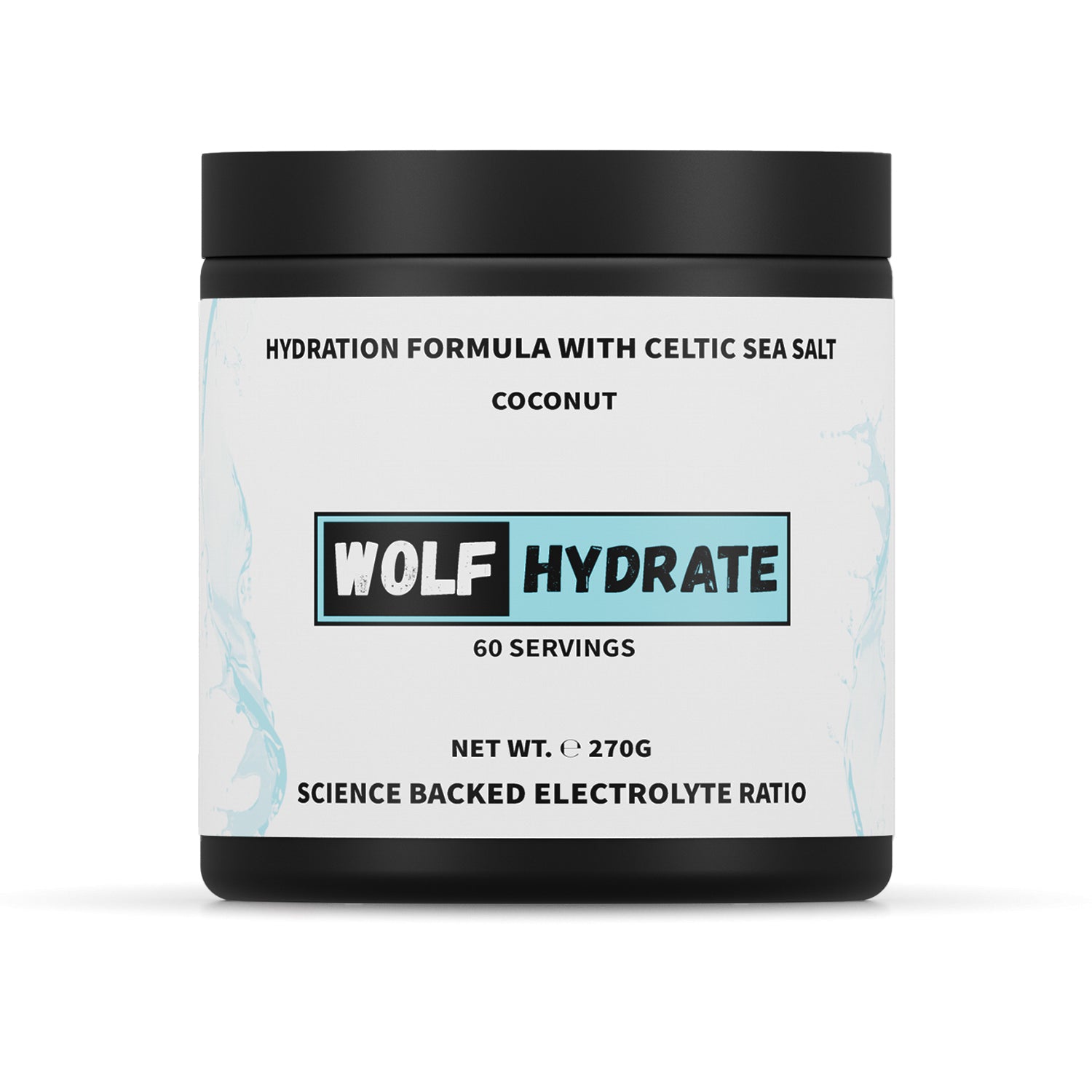 A black plastic tub of Wolf Hydrate electrolyte powder in Coconut flavour with a white label, shown on a clean white background.