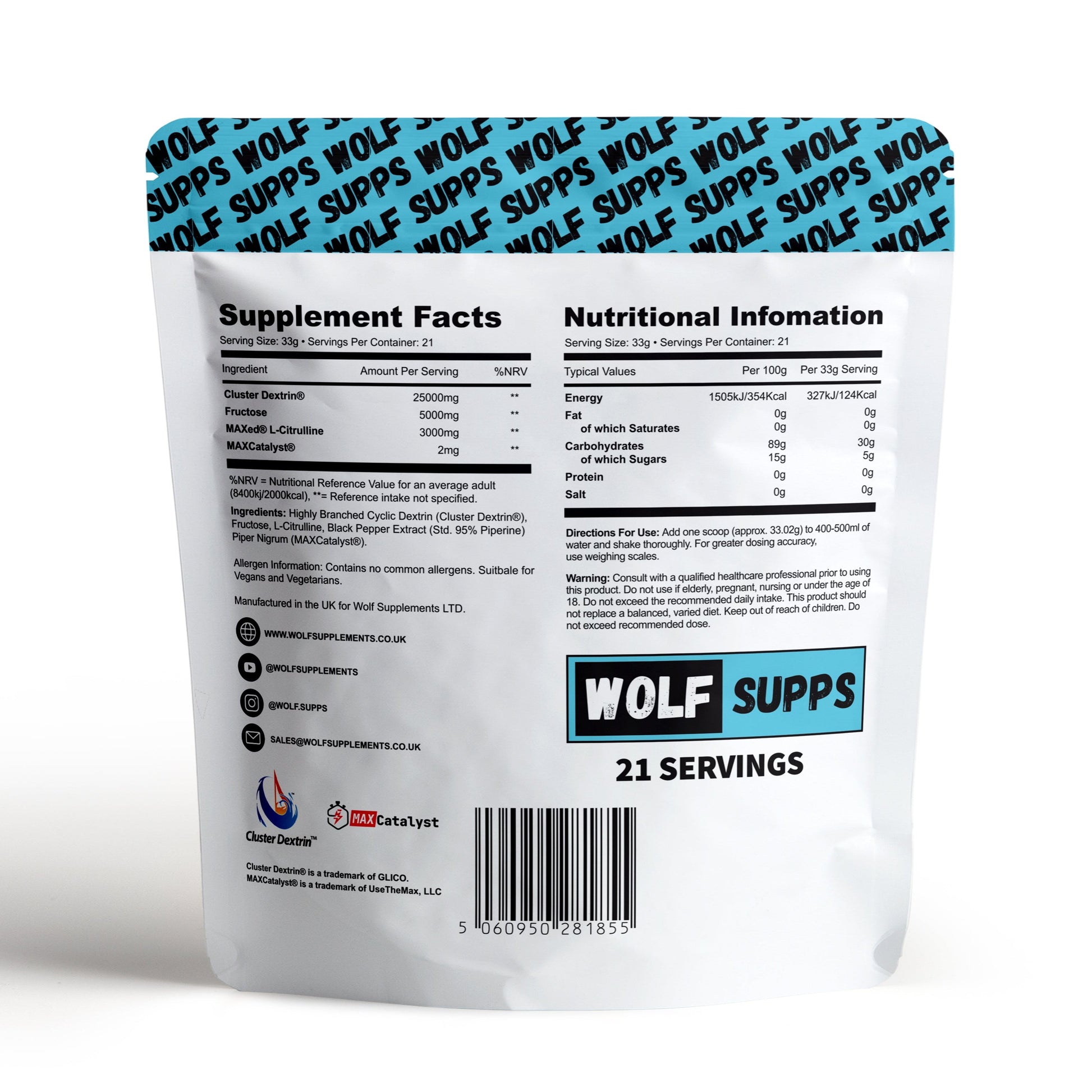 Back view of a Wolf Supps Wolf Endure supplement package with text and branding.