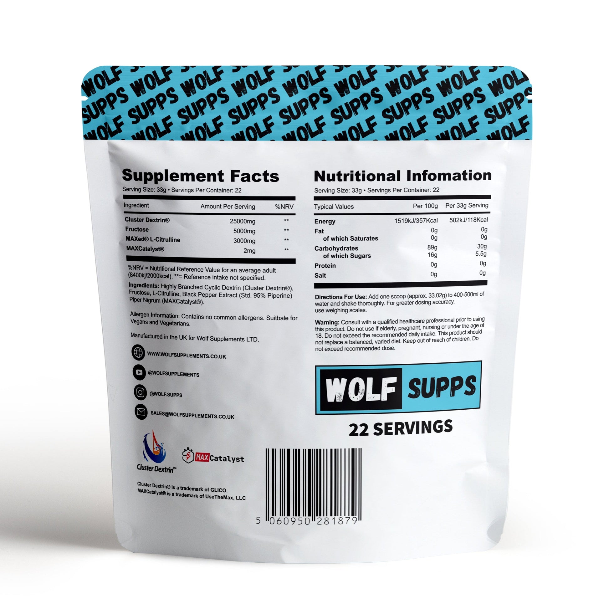 Back view of a supplement package with nutritional information and branding on a white background