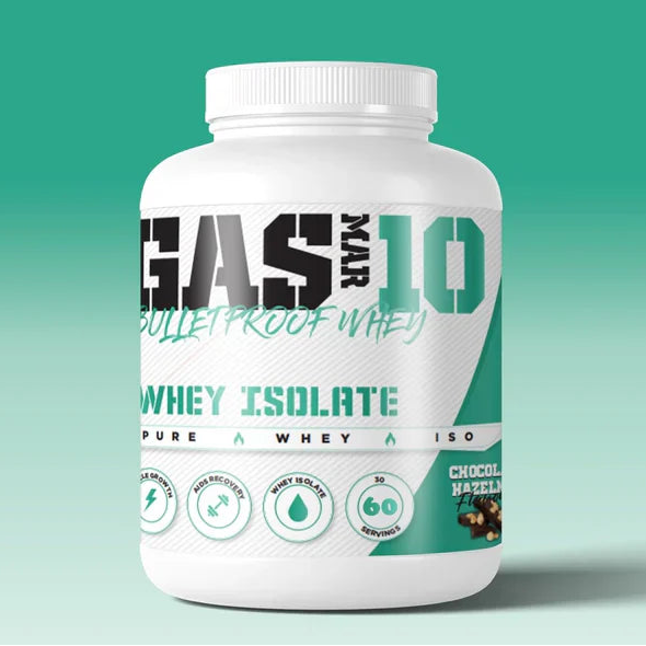 A plastic container of Gasmark 10 Bulletproof Whey protein powder, with a label that includes the product name and branding.
