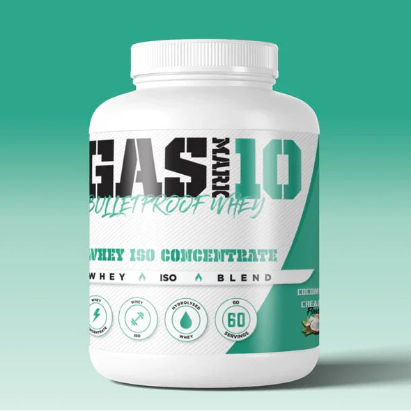 A plastic container of Gasmark 10 Bulletproof Whey protein powder, with a label that includes the product name and branding.