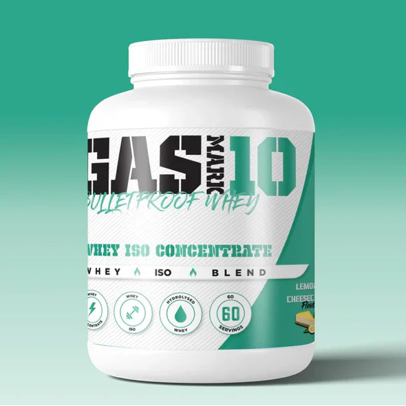 A plastic container of Gasmark 10 Bulletproof Whey protein powder, with a label that includes the product name and branding.