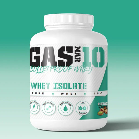 A plastic container of Gasmark 10 Bulletproof Whey protein powder, with a label that includes the product name and branding.