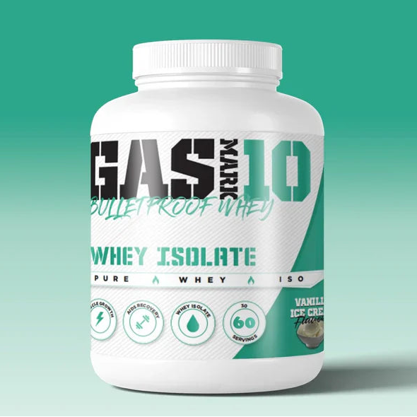 A plastic container of GAS Mark 10 Bulletproof Whey protein powder, with a green label and text.
