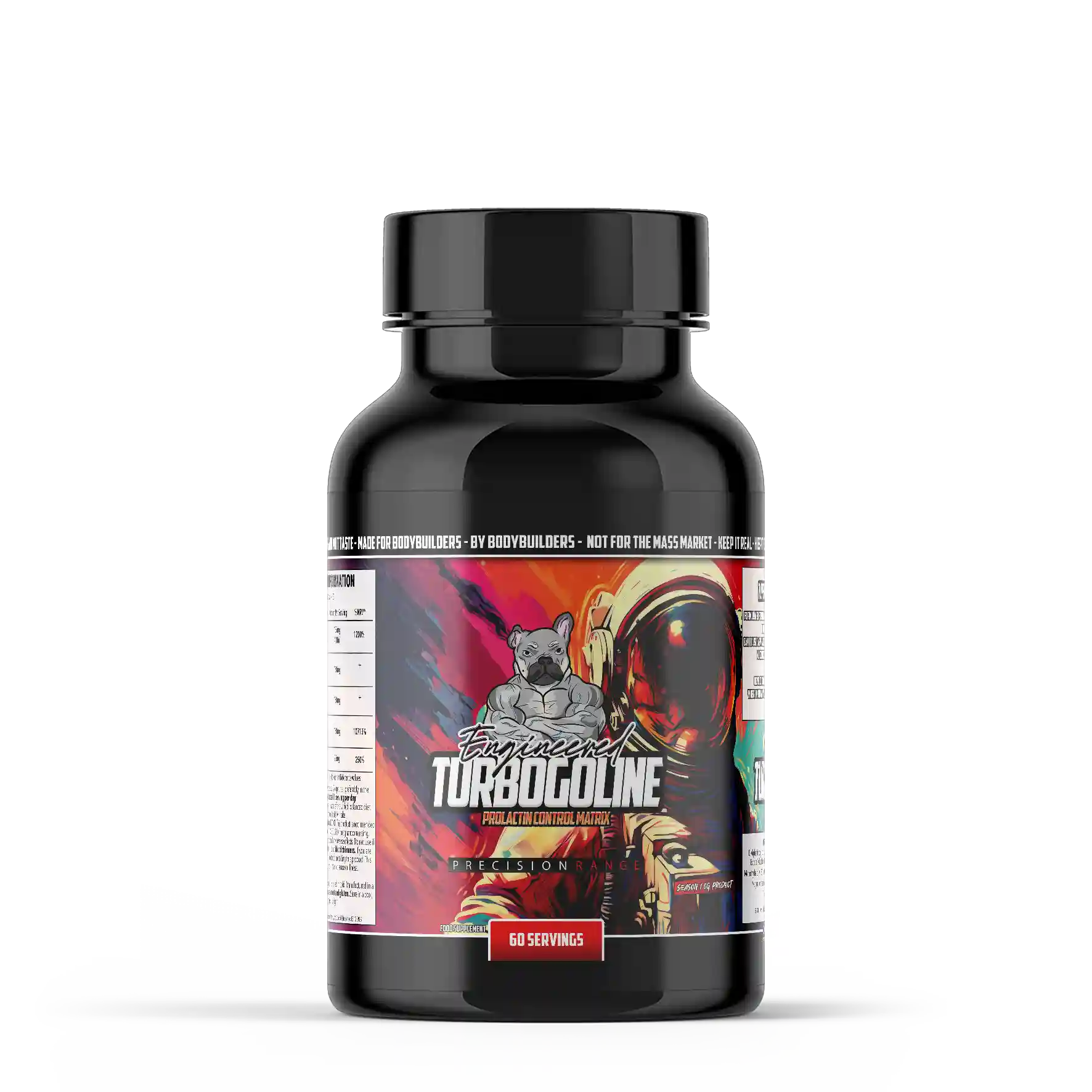 Supplement bottle of turbogoline by engineered muscle with colourful label featuring a bulldog illustration on a white background