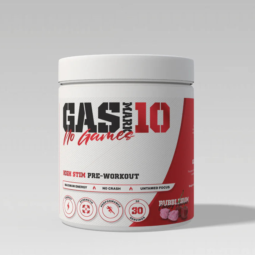 Pre-workout supplement container with 'Gas Mark 10 No Games' branding on a light gray background