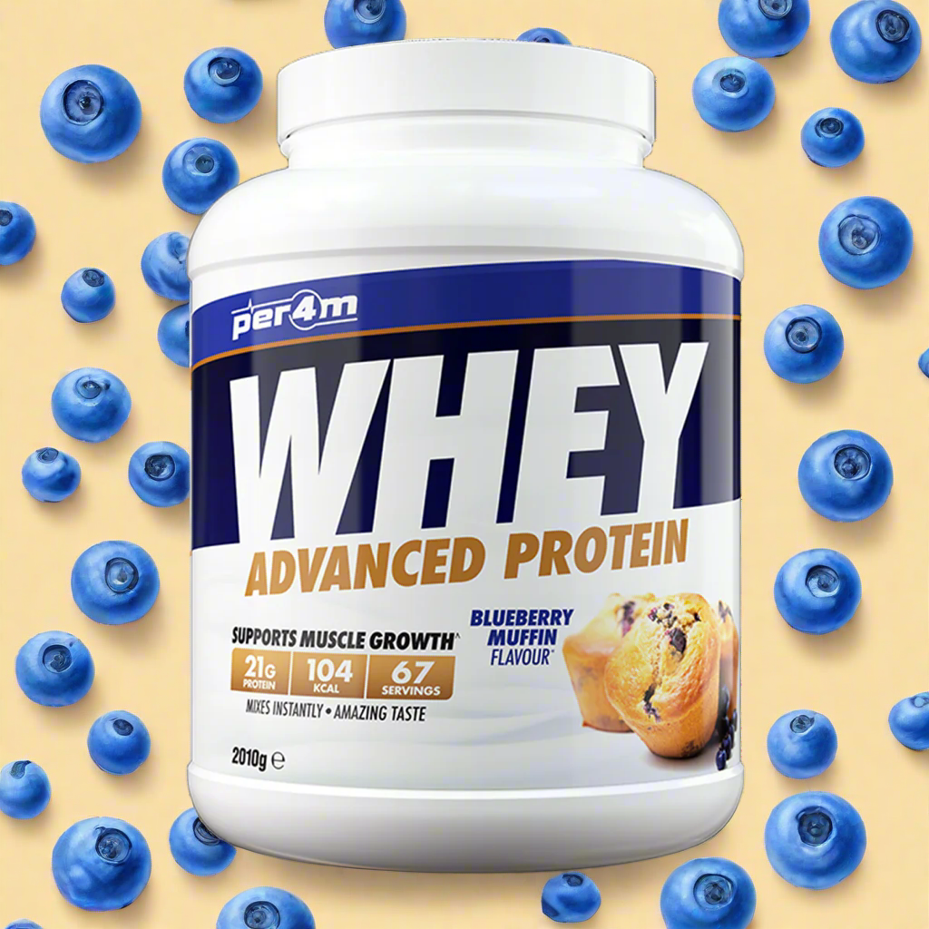 A white container of Per4m Advanced Whey Protein powder in blueberry muffin flavour, 2.01kg size.