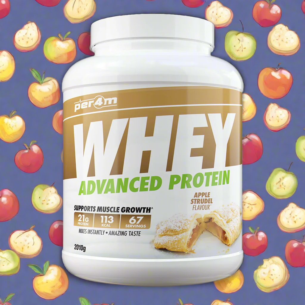 A white container of Per4m Advanced Whey Protein powder in blueberry muffin flavour, 2.01kg size.
