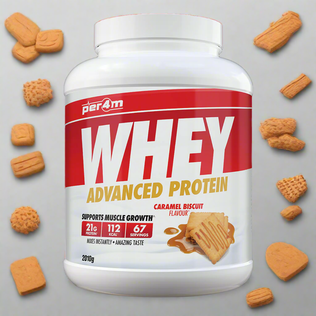 A white container of Per4m Advanced Whey Protein powder in caramel biscuit flavour, 2.01kg size.