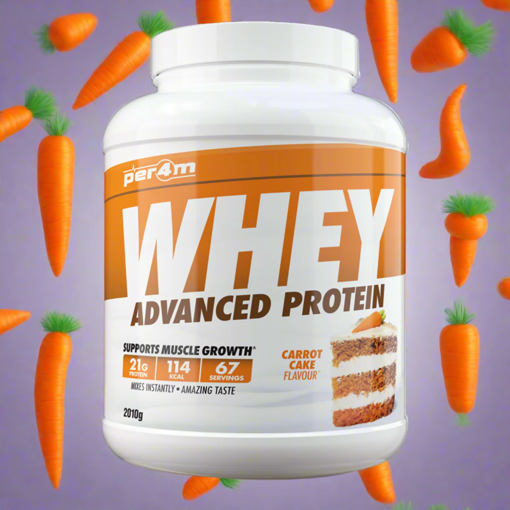 A white container of Per4m Advanced Whey Protein powder in carrot cake flavour, 2.01kg size.